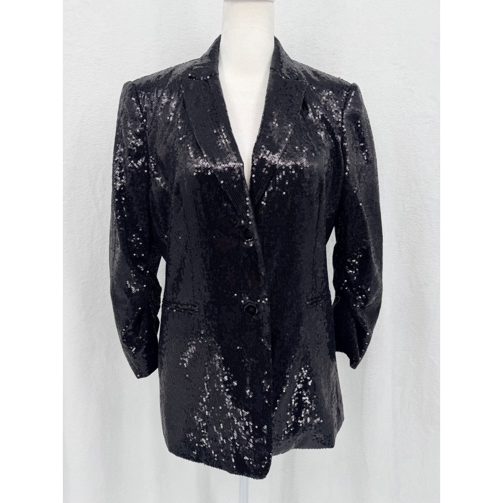 Calvin Klein Womens Black Sequin Blazer Ruched Sleeve 6 Glam Costume Gala